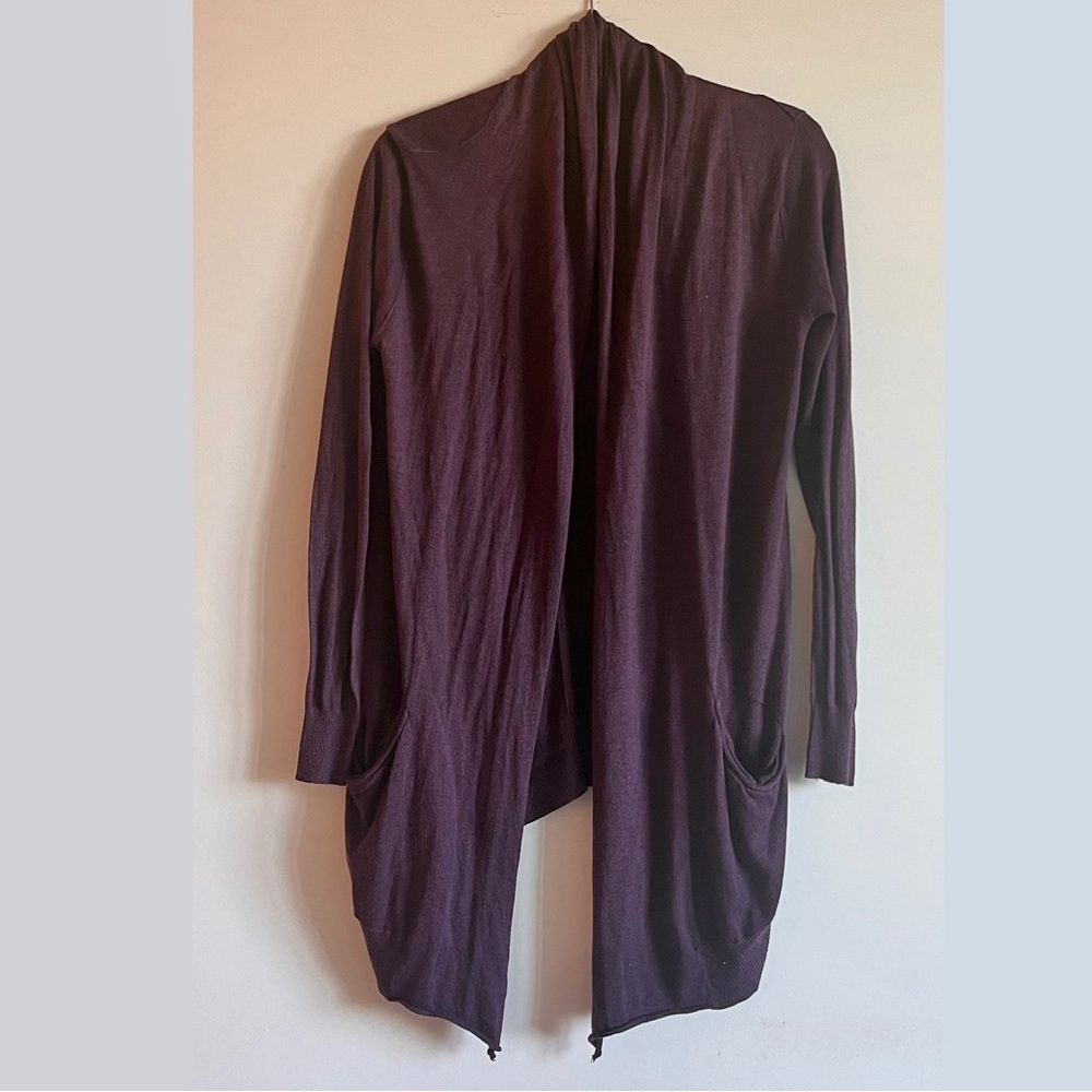 WILFRED SILK AND CASHMERE PURPLE LONG OPEN SWEATER